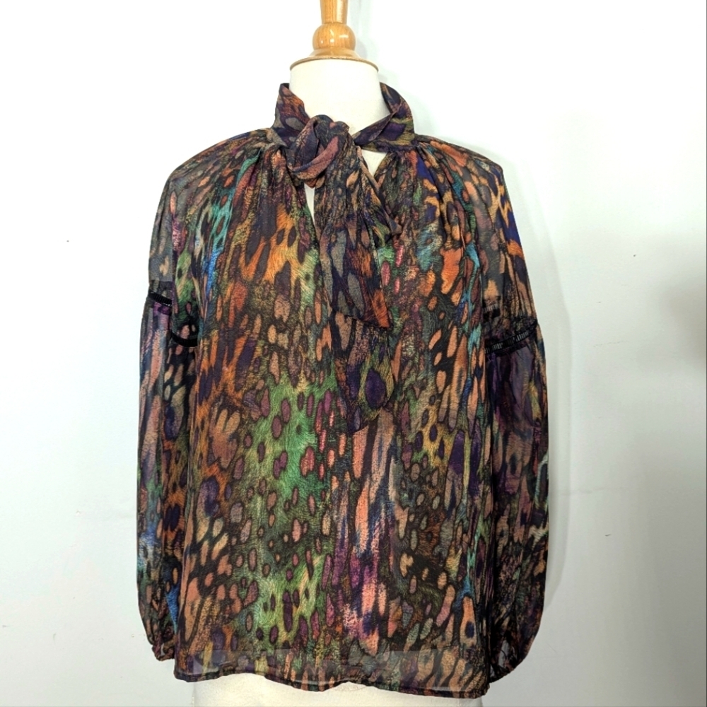 Anthropologie Butterfly Print Top with Tie Neck Ballon Sleeve Chiffon XS Fits M